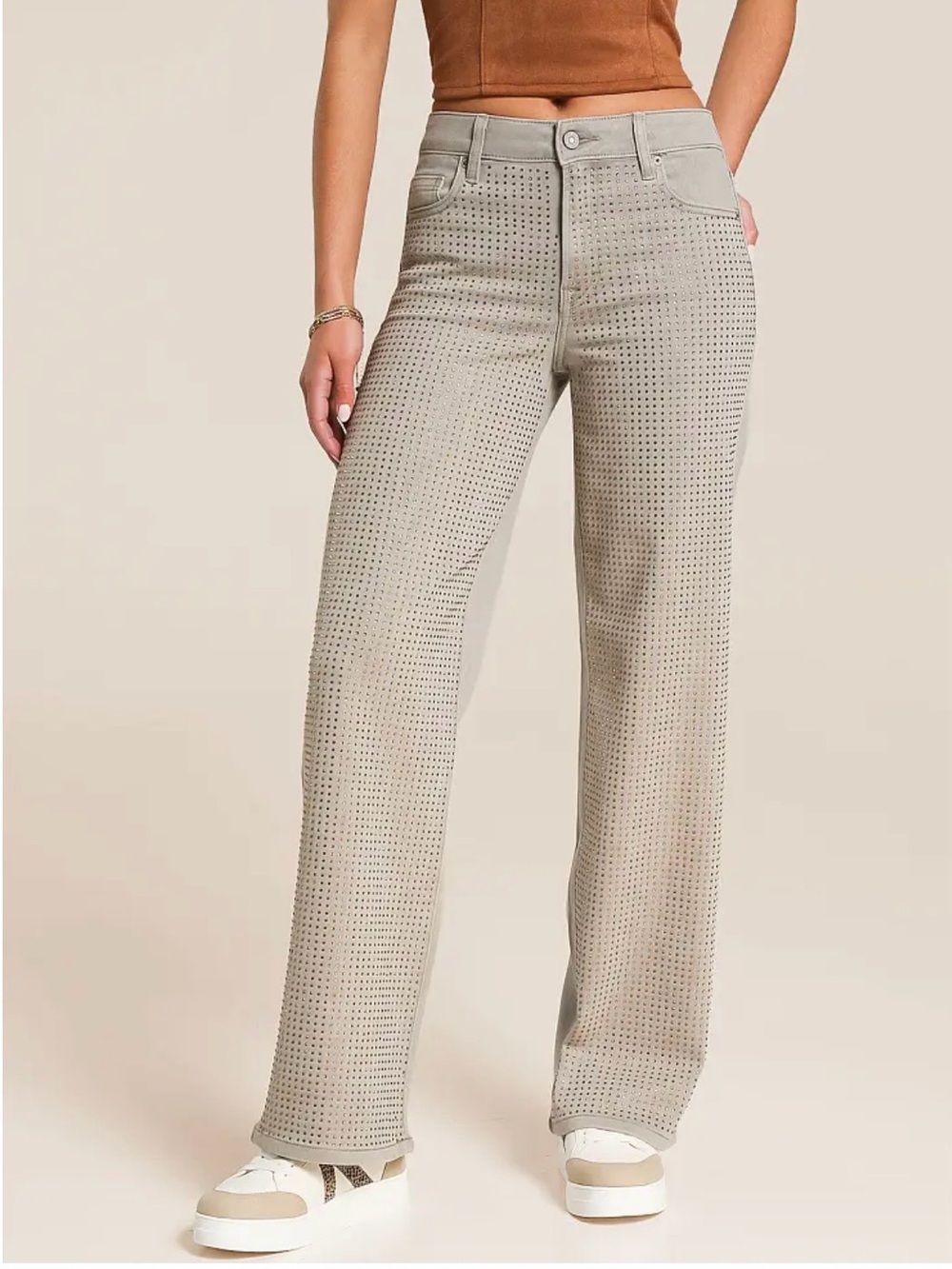 Wide-Leg High-Rise Pants Light Gray with gold rhinestones